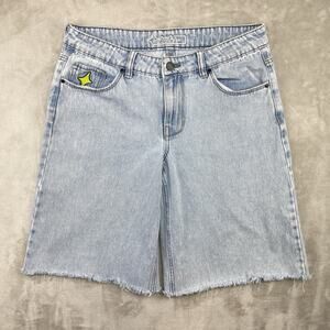 A-Lab Y2K Light Blue Acid Wash Jorts Size 6 Neon Accents Raw Hem Skatercore